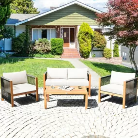 4 Pieces Acacia Wood Outdoor Patio Furniture Set with Cushions-White