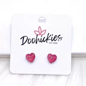 8mm Sparkle Heart Stud Earrings - Hot Pink